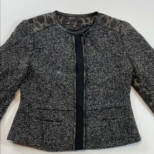 Elie Tahari Black Gray White Tweed Jacket Faux Leather Animal Print Trim Sz 4